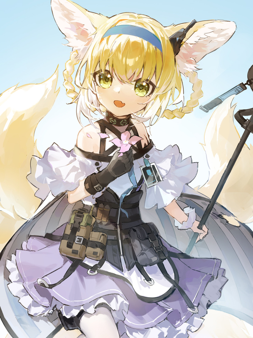 1girl :d animal_ear_fluff animal_ears apron arknights auuuie bangs bare_shoulders black_gloves blonde_hair blue_background braid commentary fang flower fox_ears fox_girl fox_tail frilled_skirt frills gloves green_eyes hair_between_eyes hair_rings highres holding holding_flower kitsune looking_at_viewer multicolored_hair pantyhose petals pink_flower pleated_skirt purple_skirt shirt sidelocks single_glove skirt smile solo suzuran_(arknights) tail twin_braids two-tone_hair waist_apron white_apron white_hair white_legwear white_shirt