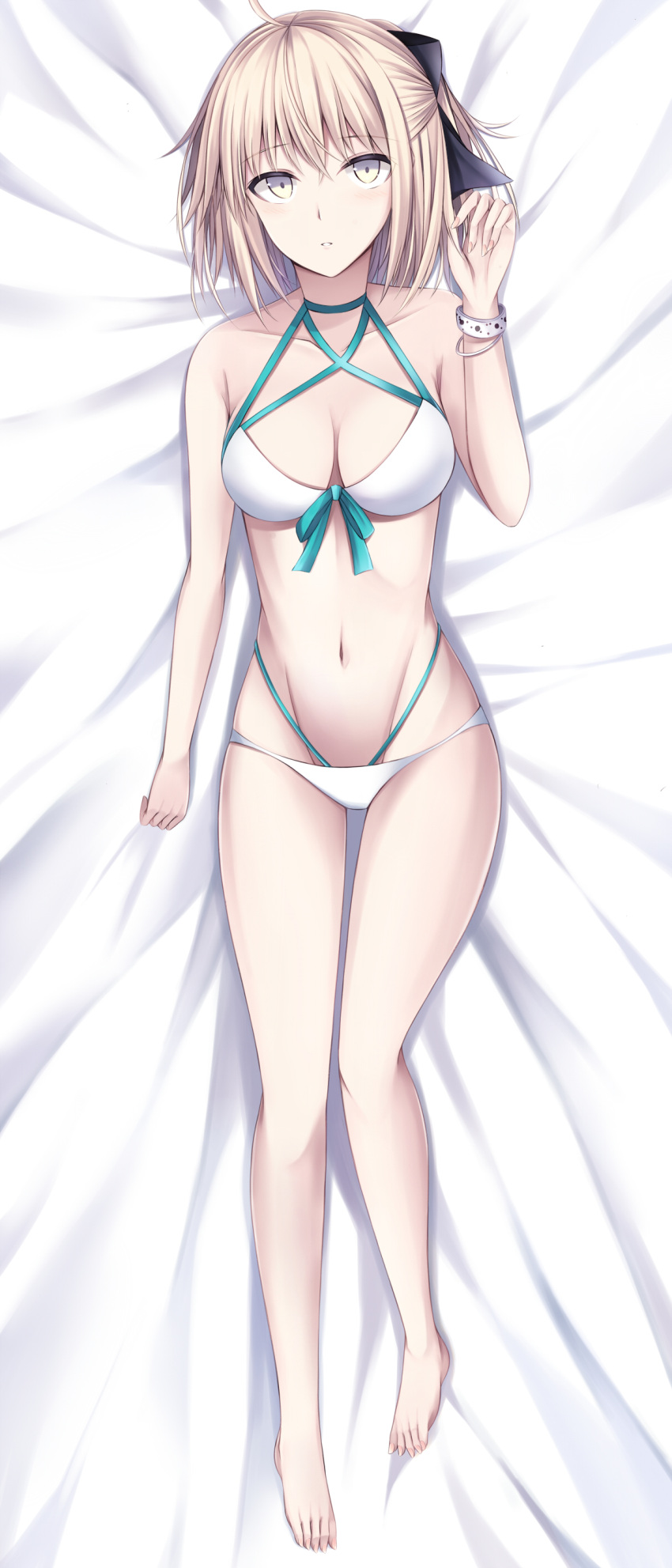 1girl ahoge ass_visible_through_thighs bikini blue_ribbon blush bracelet breasts collarbone dakimakura fate/grand_order fate_(series) hair_ribbon haku_b83 highres katana looking_at_viewer medium_breasts navel okita_souji_(fate)_(all) okita_souji_(swimsuit_assassin)_(fate) over_shoulder pink_hair platinum_blonde_hair ribbon short_hair smile solo swimsuit thighs yellow_eyes