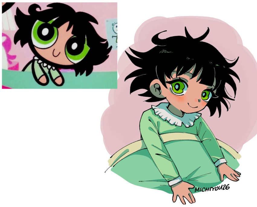 1girl artist_name black_hair blush bright_pupils buttercup_(ppg) buttercup_redraw_challenge derivative_work green_eyes green_pajamas highres long_sleeves looking_at_viewer messy_hair michiyou powerpuff_girls reference_inset screencap_redraw shadow smile solo under_covers white_pupils