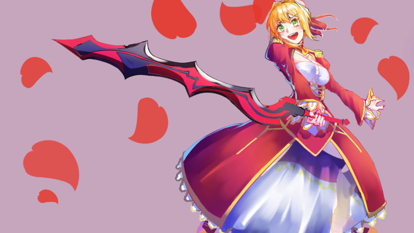 1girl aestus_estus ahoge auk blonde_hair braid breasts cleavage commentary_request dress epaulettes fate/extra fate/grand_order fate_(series) french_braid green_eyes hair_intakes hair_ribbon juliet_sleeves large_breasts long_sleeves nero_claudius_(fate) nero_claudius_(fate)_(all) puffy_sleeves red_dress red_ribbon ribbon saber_extra see-through solo sword weapon wide_sleeves
