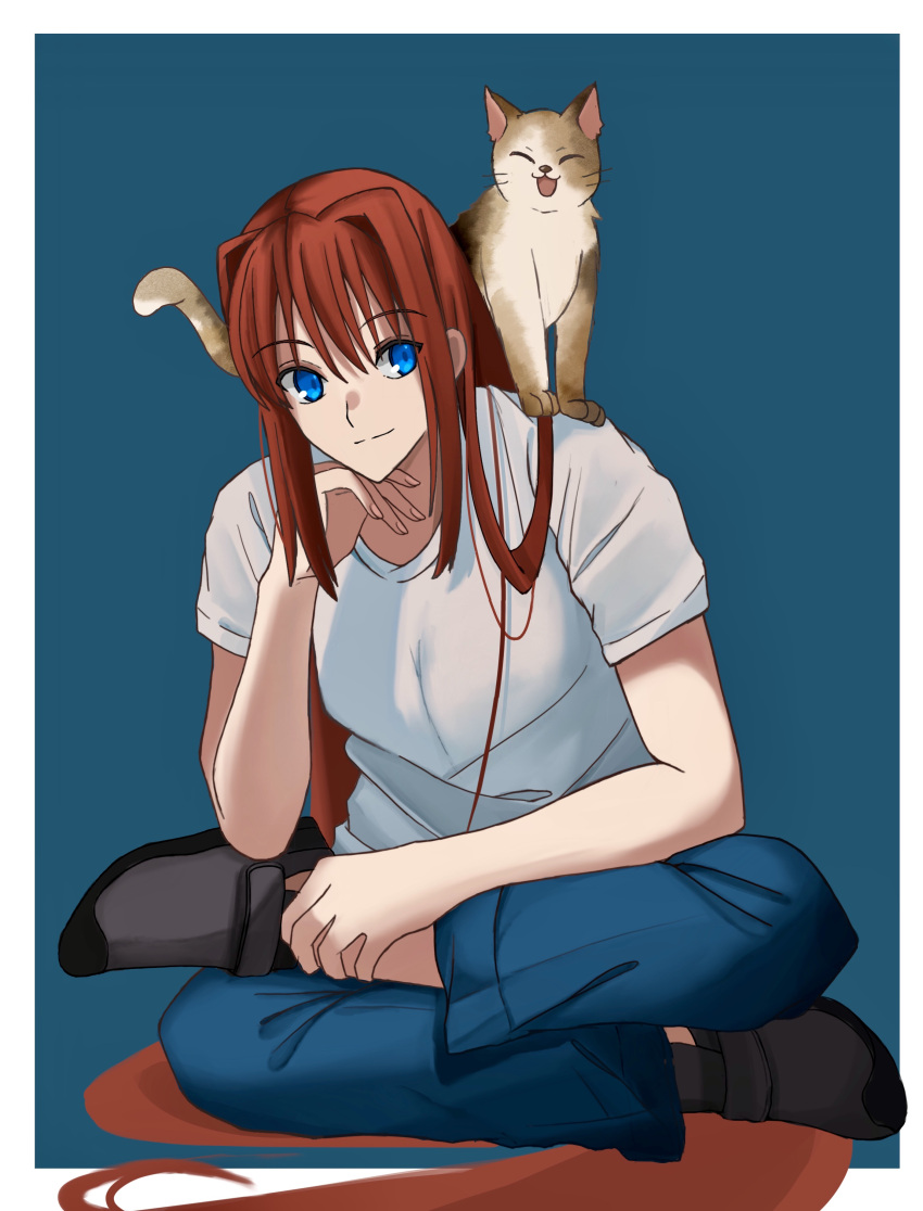 1girl absurdres animal_on_shoulder aozaki_aoko bangs blue_background blue_eyes cat closed_mouth crossed_legs full_body highres indian_style long_hair looking_at_viewer open_mouth pikaremon redhead short_sleeves simple_background sitting smile tsukihime very_long_hair