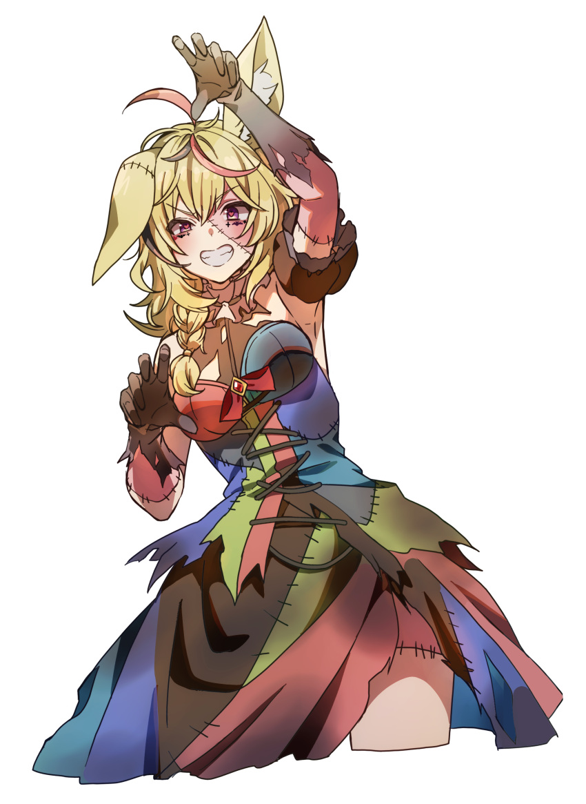 1girl absurdres ahoge animal_ear_fluff animal_ears bangs blonde_hair blush breasts brown_gloves commentary_request cowboy_shot cropped_legs detached_sleeves dress eyebrows_visible_through_hair fox_ears gloves grin heart heart-shaped_pupils highres hololive long_hair looking_at_viewer medium_breasts multicolored_clothes multicolored_dress multicolored_hair omaru_polka patchwork_clothes patchwork_skin pink_hair smile solo streaked_hair sushida_hayari symbol-shaped_pupils torn_clothes torn_gloves transparent_background violet_eyes virtual_youtuber