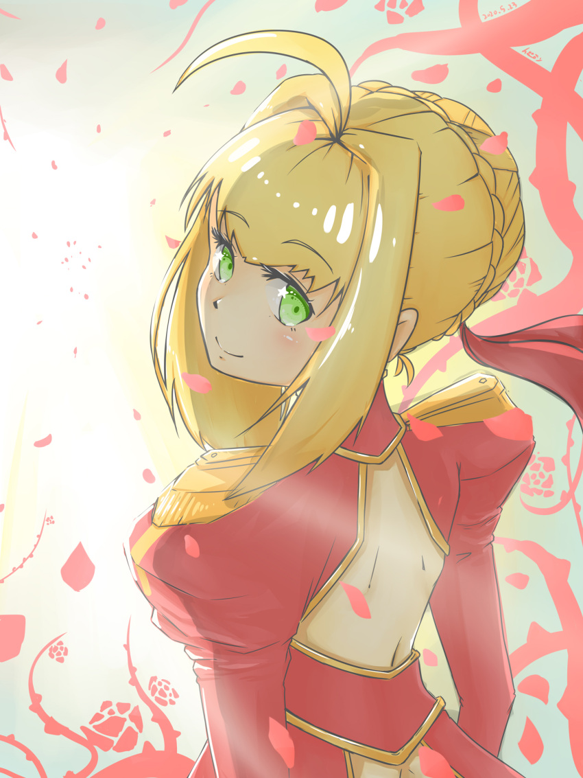 1girl aestus_estus ahoge blonde_hair braid breasts cleavage commentary_request dress epaulettes fate/extra fate/grand_order fate_(series) french_braid green_eyes hair_intakes hair_ribbon hungry_(pxiv8318507) juliet_sleeves large_breasts long_sleeves nero_claudius_(fate) nero_claudius_(fate)_(all) puffy_sleeves red_dress red_ribbon ribbon saber_extra see-through solo wide_sleeves