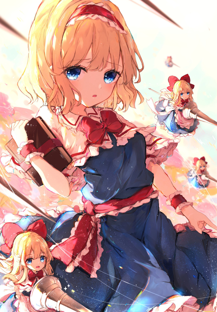 1girl absurdres alice_margatroid blonde_hair blue_dress blue_eyes blush book capelet dress eyebrows_visible_through_hair hair_between_eyes hairband highres holding holding_book hunya lance lolita_hairband looking_at_viewer parted_lips polearm puppet_strings red_hairband shanghai_doll short_hair solo touhou weapon white_capelet wrist_cuffs