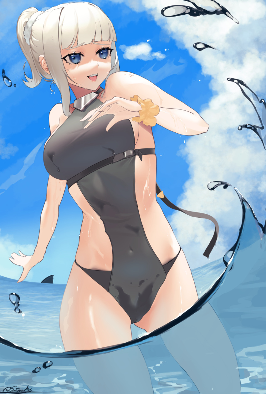 1girl artist_name bangs bare_shoulders black_swimsuit blue_eyes blue_sky breasts covered_navel eyebrows_visible_through_hair feet_out_of_frame from_below girls_frontline hair_ornament hairclip highres looking_at_viewer medium_breasts on_water open_mouth ponytail pp-19_(girls'_frontline) pp-19_(icy_summer)_(girls'_frontline) saturndxy shading_eyes short_hair silver_hair sky smile solo standing swimsuit teeth upper_teeth water wet wet_clothes wet_swimsuit