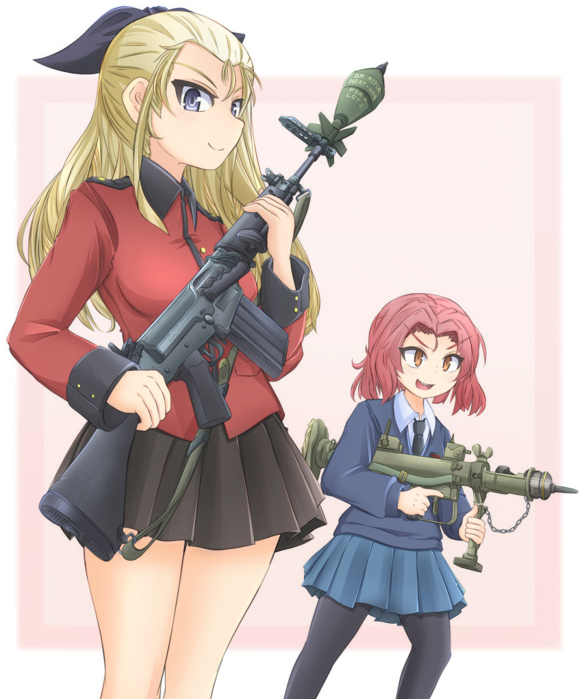 2girls absurdres assam_(girls_und_panzer) battle_rifle black_legwear black_necktie black_ribbon black_skirt blonde_hair blue_eyes blue_skirt blue_sweater brown_eyes closed_mouth commentary_request dress_shirt english_text epaulettes explosive girls_und_panzer grenade grenade_launcher gun hair_pulled_back highres holding holding_gun holding_weapon jacket l1a1 leaning_forward long_hair long_sleeves looking_at_viewer medium_hair mikeran_(mikelan) military military_uniform miniskirt multiple_girls necktie open_mouth pantyhose partial_commentary piat pleated_skirt red_jacket redhead ribbon rifle rifle_grenade rosehip_(girls_und_panzer) school_uniform shirt skirt smile smirk st._gloriana's_military_uniform st._gloriana's_school_uniform standing sweater trigger_discipline uniform v-neck v-shaped_eyebrows weapon white_shirt wing_collar