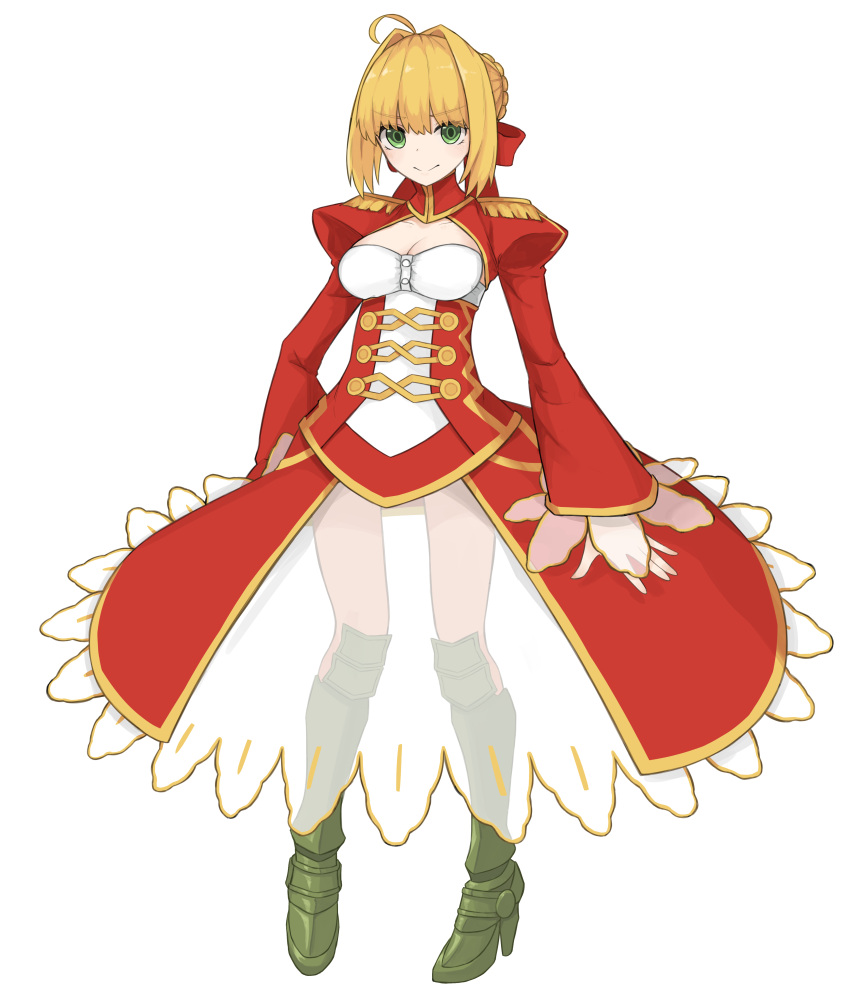 1girl aestus_estus ahoge blonde_hair braid breasts cleavage commentary_request dress epaulettes fate/extra fate/grand_order fate_(series) french_braid g4_(pixiv25239847) green_eyes hair_intakes hair_ribbon juliet_sleeves large_breasts long_sleeves nero_claudius_(fate) nero_claudius_(fate)_(all) puffy_sleeves red_dress red_ribbon ribbon saber_extra see-through solo wide_sleeves