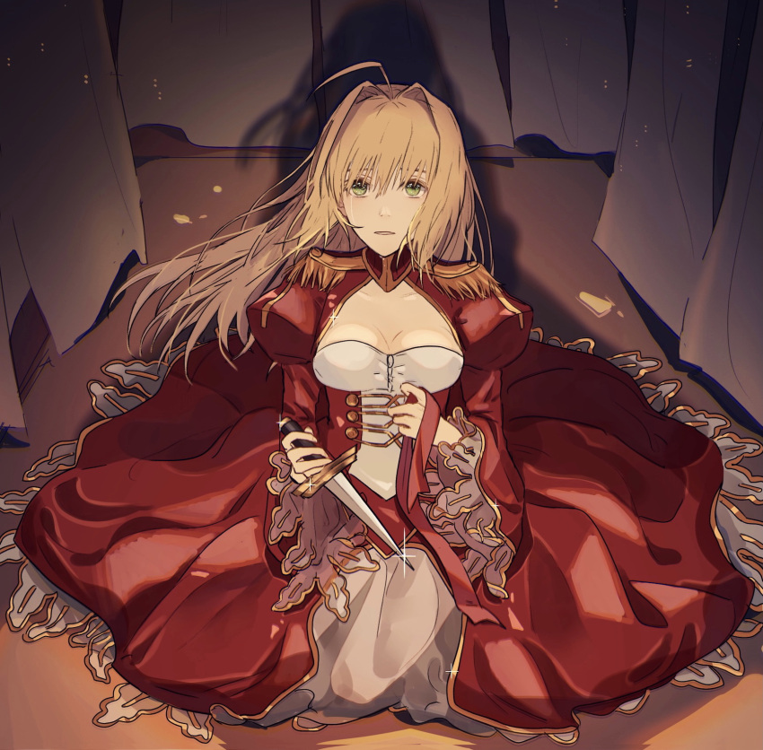 1girl aestus_estus ahoge blonde_hair braid breasts cleavage commentary_request dress edabeans epaulettes fate/extra fate/grand_order fate_(series) french_braid green_eyes hair_intakes hair_ribbon juliet_sleeves large_breasts long_sleeves nero_claudius_(fate) nero_claudius_(fate)_(all) puffy_sleeves red_dress red_ribbon ribbon saber_extra see-through solo wide_sleeves