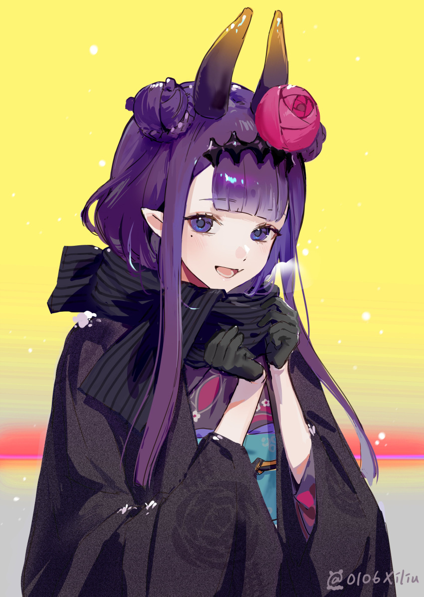 1girl absurdres bangs black_gloves black_scarf blunt_bangs blush braid braided_bun breath cold commentary double_bun eyebrows_visible_through_hair eyelashes fang floral_print flower gloves hair_bun hair_flower hair_ornament half_gloves haori headpiece highres hololive hololive_english japanese_clothes kimono long_hair looking_at_viewer mole mole_under_eye ninomae_ina'nis obi obiage obijime official_alternate_costume open_mouth pointy_ears purple_hair purple_kimono sash scarf sidelocks simple_background smile solo striped striped_scarf tentacle_hair twitter_username upper_body violet_eyes virtual_youtuber wide_sleeves xi_liu yellow_background