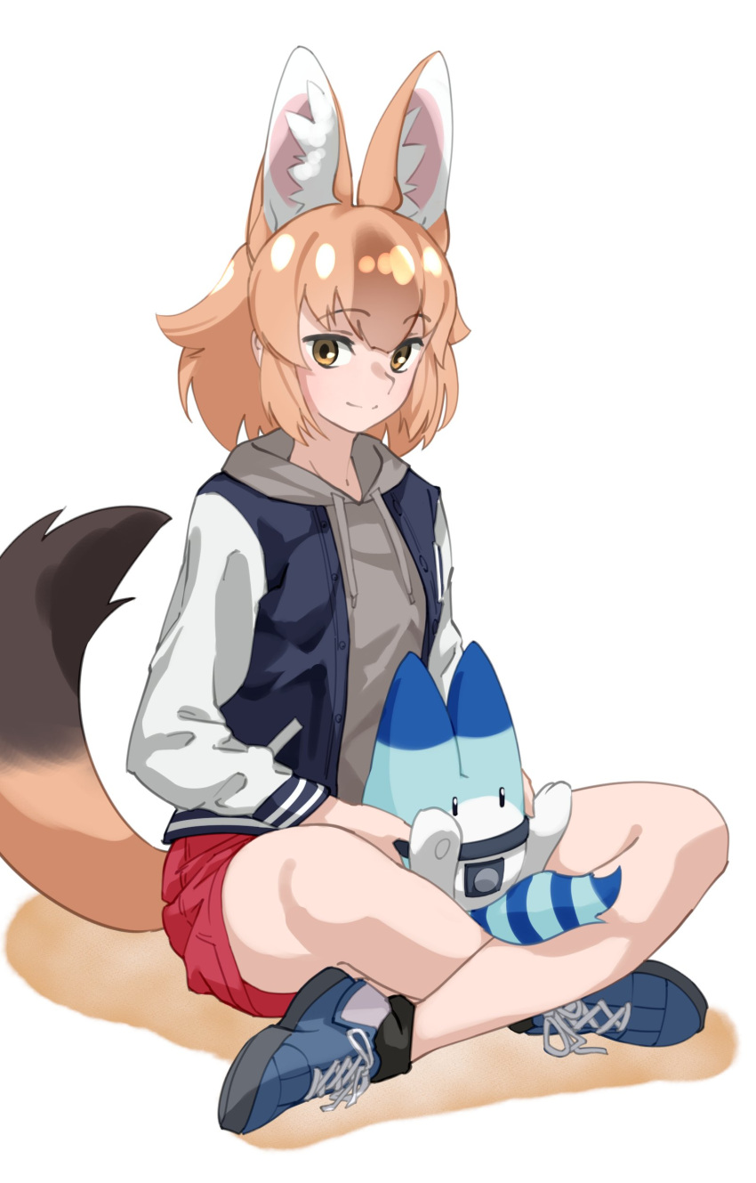 1girl absurdres animal_ear_fluff animal_ears brown_eyes brown_hair commentary cross-laced_footwear dhole_(kemono_friends) drawstring extra_ears eyebrows_visible_through_hair full_body grey_hoodie highres hood hood_down hoodie indian_style jacket kemono_friends long_sleeves looking_at_viewer lucky_beast_(kemono_friends) medium_hair open_clothes open_jacket shoes simple_background sitting smile sneakers solo tail tanabe_(fueisei) white_background
