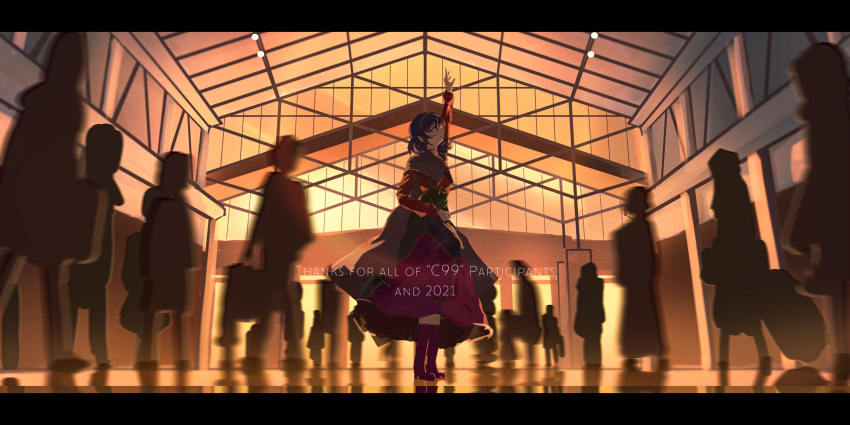 1girl arm_up blue_eyes blue_hair boots cloak closed_mouth comiket dress hairband high_heel_boots high_heels highres knee_boots letterboxed lfacras multicolored_hairband patchwork_clothes purple_footwear rainbow_gradient short_hair solo_focus tenkyuu_chimata touhou white_cloak