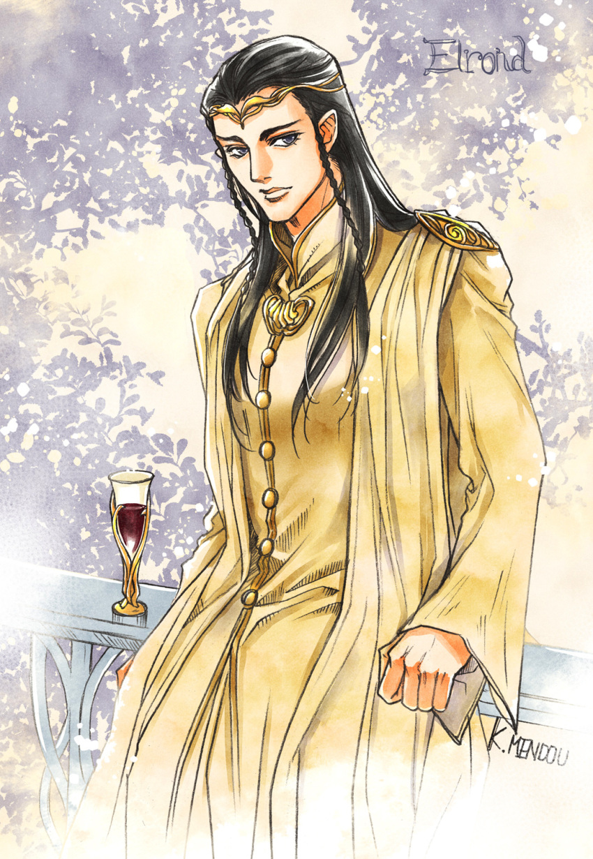 1boy black_eyes black_hair braid chalice character_name circlet closed_mouth highres kazuki-mendou long_hair long_sleeves looking_at_viewer male_focus robe side_braids signature solo the_lord_of_the_rings tolkien's_legendarium yellow_robe
