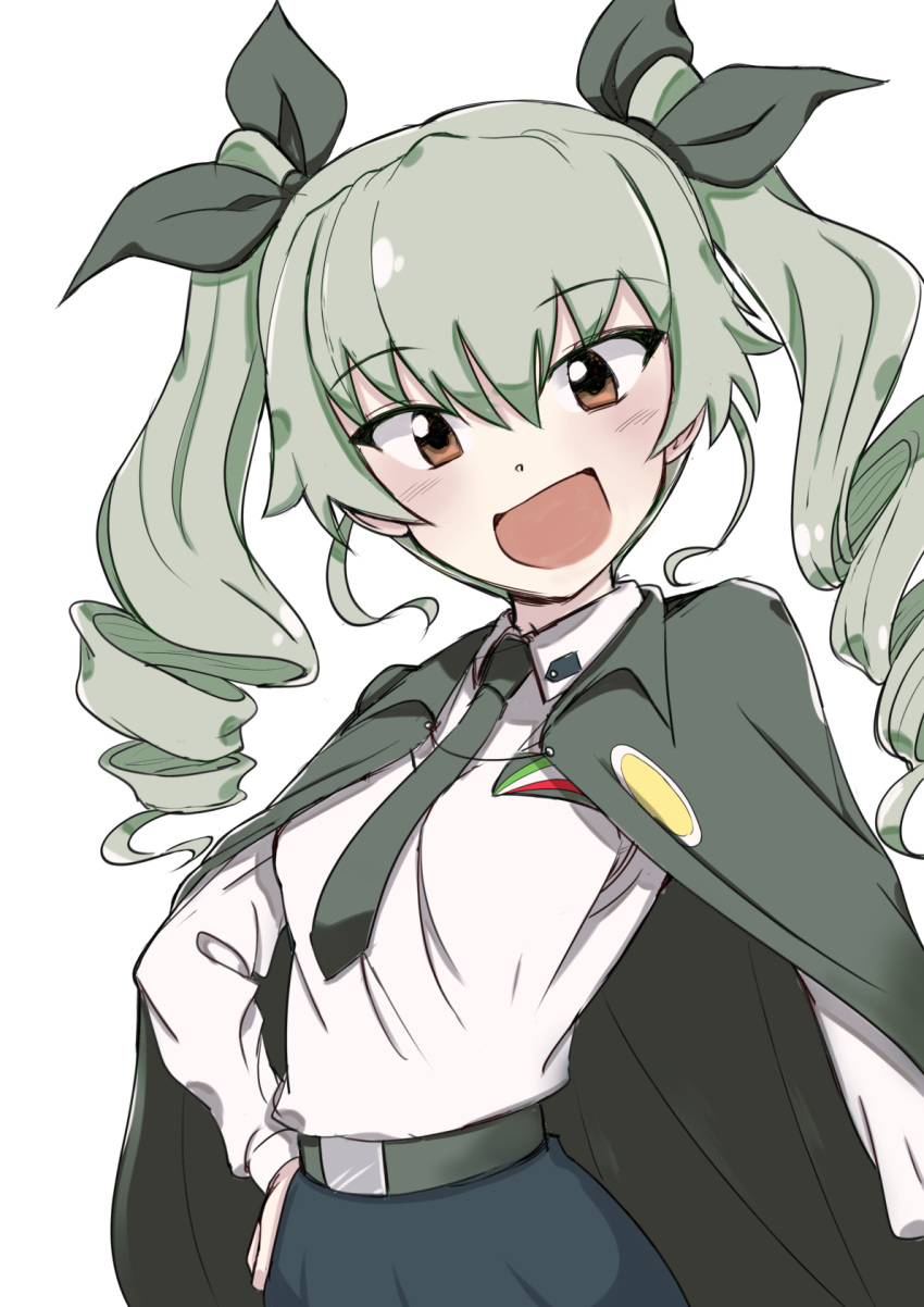 1girl anchovy_(girls_und_panzer) anzio_school_uniform bangs black_cape black_necktie black_ribbon black_skirt brown_eyes cape commentary dress_shirt drill_hair emblem eyebrows_visible_through_hair girls_und_panzer green_hair hair_ribbon hand_on_hip highres long_hair long_sleeves looking_at_viewer necktie open_mouth pleated_skirt ribbon school_uniform shirt simple_background skirt smile solo tessa_(pekopekochan) twin_drills twintails upper_body white_background white_shirt wing_collar
