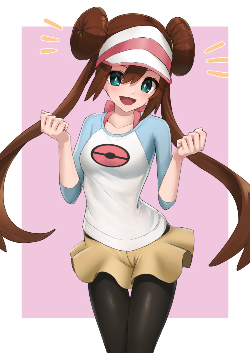 1girl :d black_legwear bow breasts bright_pupils brown_hair clenched_hands commentary double_bun green_eyes hands_up highres legwear_under_shorts long_hair looking_at_viewer mogurii notice_lines open_mouth pantyhose pink_bow pokemon pokemon_(game) pokemon_bw2 raglan_sleeves rosa_(pokemon) short_shorts shorts smile solo thigh_gap twintails visor_cap w_arms white_pupils yellow_shorts