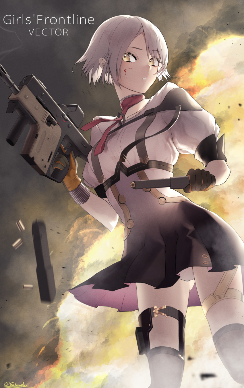 1girl artist_name bangs black_gloves black_legwear blood blood_on_face breasts character_name copyright_name dress eyebrows_visible_through_hair feet_out_of_frame from_below girls_frontline gloves gun highres holding holding_gun holding_magazine_(weapon) holding_weapon kriss_vector looking_at_viewer magazine_(weapon) necktie red_necktie saturndxy short_hair silver_hair solo standing submachine_gun thigh-highs vector_(girls'_frontline) weapon white_dress yellow_eyes