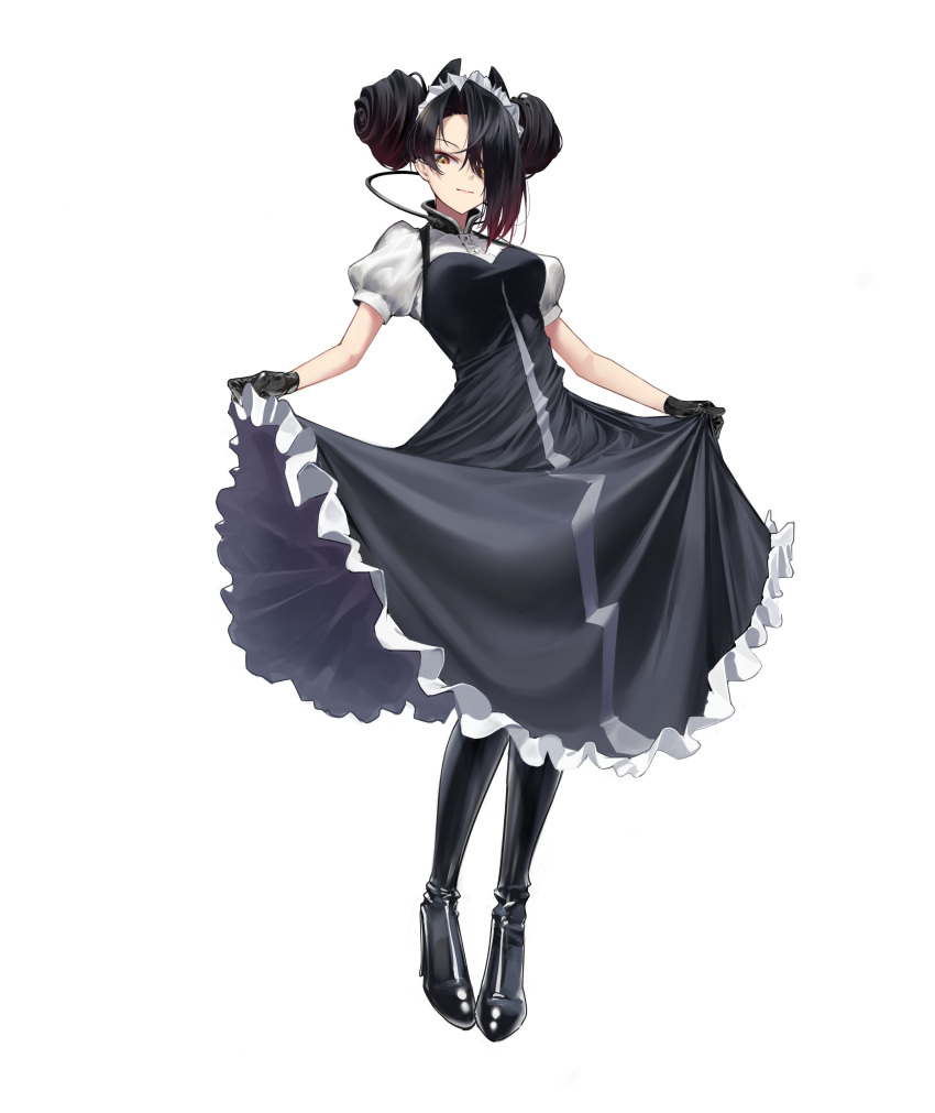 1girl absurdres black_gloves black_hair boots character_request girls_frontline gloves hair_over_one_eye highres knee_boots looking_at_viewer maid_headdress marrrrrr smile solo white_background