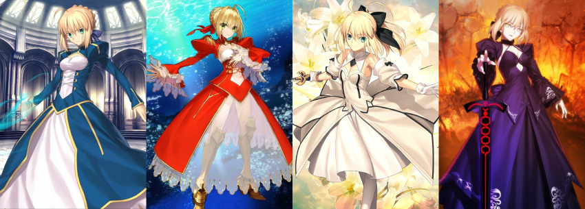 4girls aestus_estus ahoge artoria_pendragon_(all) black_dress black_ribbon blonde_hair blue_dress blue_ribbon braid breasts cleavage cleavage_cutout commentary_request detached_sleeves dress epaulettes eyebrows_visible_through_hair fate/extra fate/grand_order fate/stay_night fate_(series) flower french_braid green_eyes hair_between_eyes hair_intakes hair_ribbon holding_sword holding_weapon juliet_sleeves large_breasts light_particles long_sleeves looking_at_viewer nero_claudius_(fate) nero_claudius_(fate)_(all) official_art open_eyes open_mouth outstretched_hand pantyhose parted_lips puffy_sleeves red_dress red_ribbon ribbon saber saber_alter saber_extra saber_lily see-through short_hair smile solo sword takeuchi_takashi upscaled waifu2x weapon white_dress wide_sleeves yellow_eyes