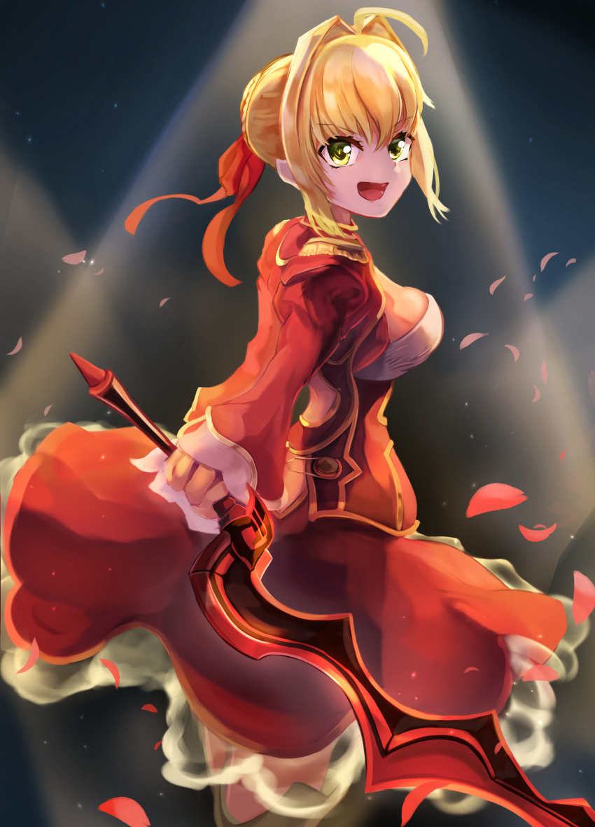 1girl aestus_estus ahoge blonde_hair braid breasts cleavage commentary_request dress epaulettes fate/extra fate/grand_order fate_(series) french_braid green_eyes hair_intakes hair_ribbon juch04pic juliet_sleeves large_breasts long_sleeves nero_claudius_(fate) nero_claudius_(fate)_(all) puffy_sleeves red_dress red_ribbon ribbon saber_extra see-through solo wide_sleeves