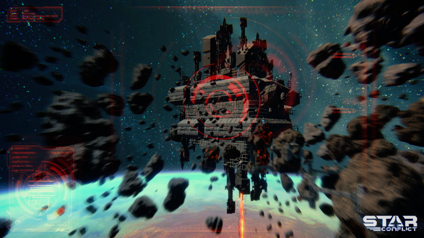 asteroid boulder building damaged english_text flying glowing heads-up_display highres landscape logo molten_rock motion_blur outdoors planet realistic rock science_fiction sky space space_craft space_station star_(sky) star_conflict starry_sky