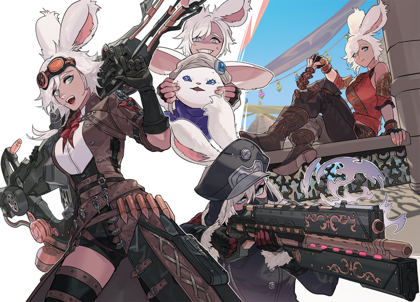 1girl animal_ears avatar_(ff14) bangs black_gloves blue_eyes boots breasts byuub carrot dark-skinned_female dark_skin ears_through_headwear final_fantasy final_fantasy_xiv fingerless_gloves food gloves goggles goggles_on_head gun hands_on_another's_cheeks hands_on_another's_face hat holding holding_carrot holding_gun holding_weapon looking_at_viewer loporrit machinist_(final_fantasy) mask medium_breasts mouth_mask multiple_views open_mouth rabbit_ears short_hair shorts thigh-highs thigh_boots viera weapon white_hair