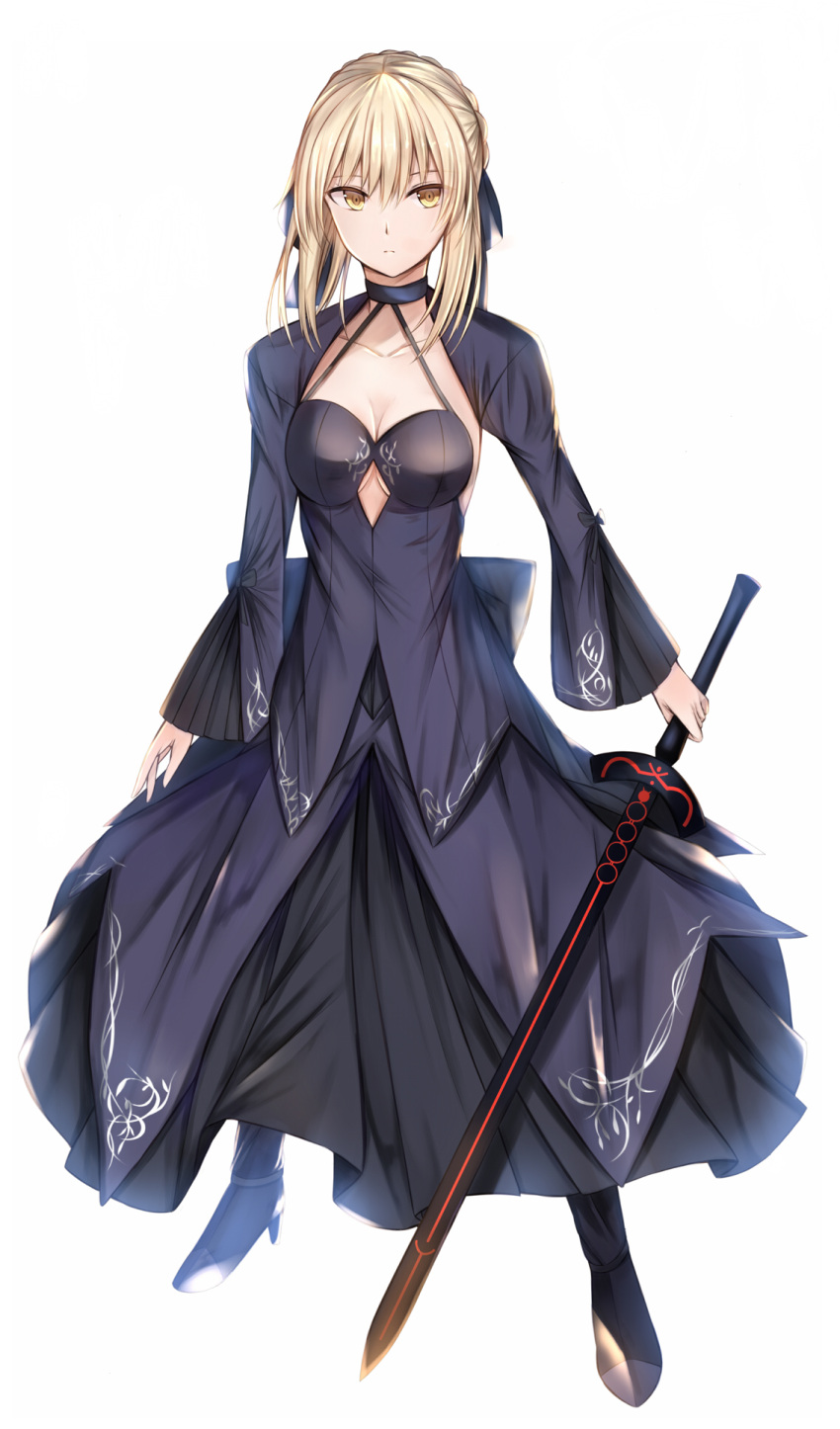 1girl absurdres artoria_pendragon_(fate) bangs black_dress black_ribbon blonde_hair braid closed_mouth commentary_request dark_excalibur dress excalibur_morgan_(fate) fate/grand_order fate/stay_night fate_(series) french_braid from_below gothic_lolita hair_bun haku_b83 highres holding holding_sword holding_weapon juliet_sleeves lolita_fashion long_sleeves looking_at_viewer puffy_sleeves ribbon saber_alter sidelocks sword weapon yellow_eyes