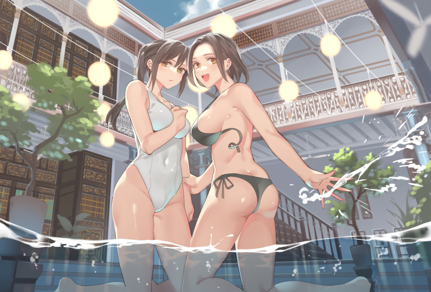 2girls :d ass bikini black_bikini breasts brown_hair closed_mouth clouds commentary_request competition_swimsuit covered_navel day from_side hair_between_eyes hand_on_another's_arm hand_on_own_chest hand_up highres kitazawa_(embers) kneeling looking_at_viewer looking_to_the_side medium_breasts multiple_girls one-piece_swimsuit open_mouth original ponytail short_hair side-tie_bikini smile splashing stairs swimsuit tree untied untied_bikini water white_swimsuit yellow_eyes