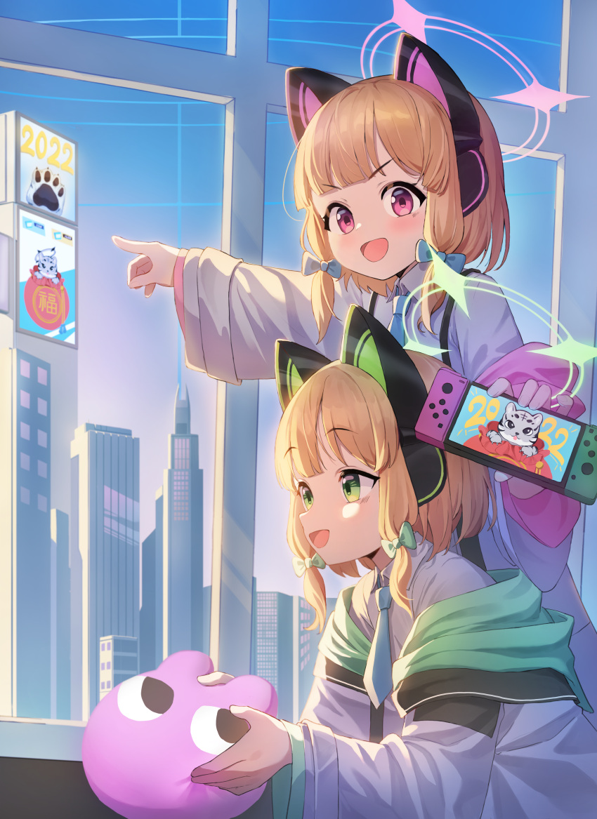 2girls :d absurdres animal_ears bangs blonde_hair blue_archive blue_bow blue_necktie blue_sky blunt_bangs blush bow building cat_ear_headphones collared_shirt eyebrows_visible_through_hair green_bow green_eyes hair_bow halo headphones highres holding jacket lipton_(user_nfaw4242) long_sleeves looking_ahead looking_at_viewer midori_(blue_archive) momoi_(blue_archive) multiple_girls necktie nintendo_switch off_shoulder open_mouth pink_eyes shirt short_hair siblings sisters sky smile twins white_shirt wide_sleeves window