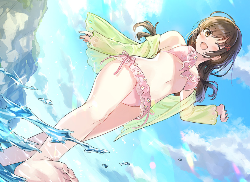 1girl ;d ahoge bare_legs bare_shoulders bikini breasts brown_eyes brown_hair day dutch_angle frilled_bikini frills hair_ornament hand_up long_hair looking_at_viewer medium_breasts navel off_shoulder one_eye_closed open_clothes original outdoors pink_bikini see-through smile solo standing stomach swimsuit tan_(tangent) wading water