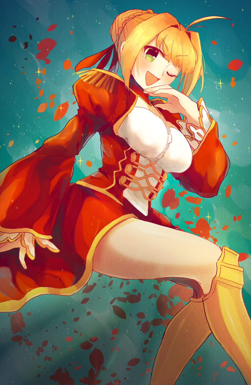 1girl aestus_estus ahoge blonde_hair braid breasts cleavage commentary_request dress epaulettes fate/extra fate/grand_order fate_(series) french_braid green_eyes hair_intakes hair_ribbon juliet_sleeves large_breasts limpachi long_sleeves nero_claudius_(fate) nero_claudius_(fate)_(all) puffy_sleeves red_dress red_ribbon ribbon saber_extra see-through solo wide_sleeves