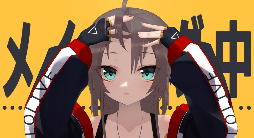 1girl absurdres ahoge arms_up bangs black_gloves blue_eyes brown_hair collarbone commentary_request eyes_visible_through_hair fingerless_gloves gloves highres hololive long_hair long_sleeves looking_at_viewer natsuiro_matsuri parted_lips puffy_long_sleeves puffy_sleeves simple_background solo thomas_8000 translation_request upper_body virtual_youtuber yellow_background