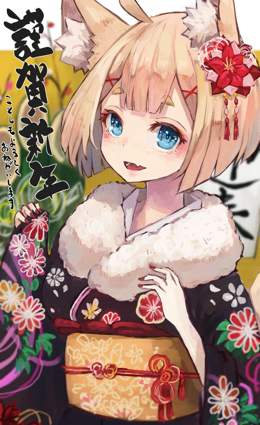 1girl :d ahoge animal_ear_fluff animal_ears bangs black_kimono blue_eyes blurry blurry_background commentary_request depth_of_field eyebrows_visible_through_hair fang floral_print flower fur_collar hair_flower hair_ornament hands_up highres japanese_clothes kadomatsu kimono light_brown_hair long_sleeves looking_at_viewer nail_polish nyucha obi original pinching_sleeves print_kimono red_flower red_nails sash short_eyebrows short_hair sleeves_past_wrists smile solo thick_eyebrows translation_request upper_body wide_sleeves