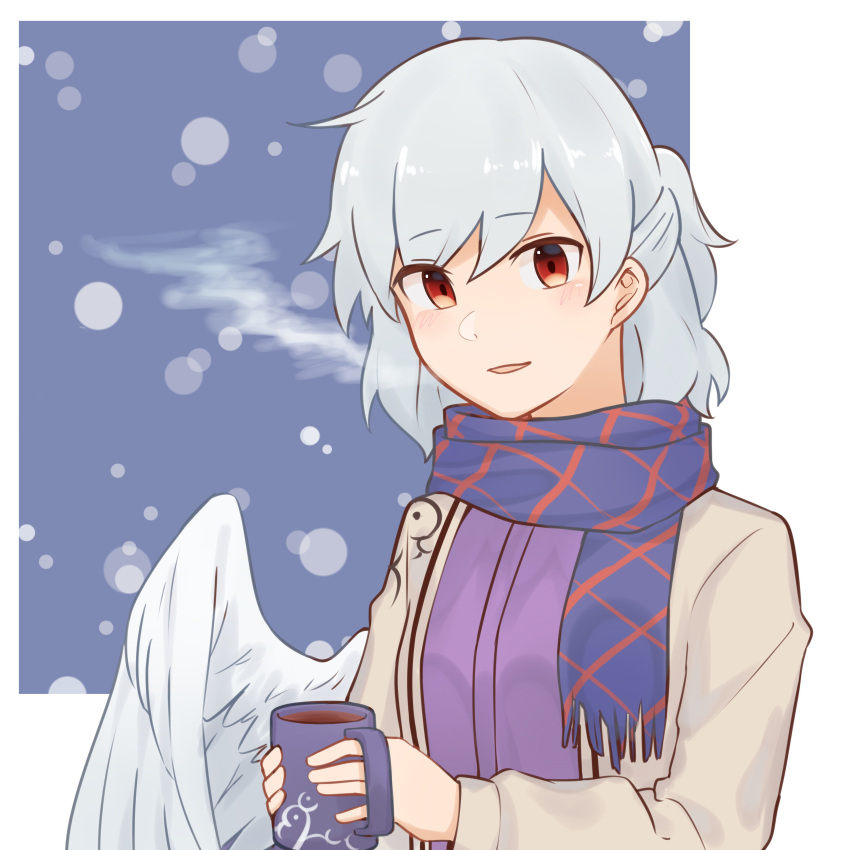 1girl \||/ absurdres angel_wings bangs beige_jacket blue_scarf blush braid coffee cup dress eyebrows_visible_through_hair eyelashes feathered_wings feet_out_of_frame french_braid half_updo highres holding holding_cup idaku jacket kishin_sagume long_sleeves open_clothes open_jacket open_mouth parted_lips purple_dress red_eyes scarf shiny shiny_hair short_hair silver_hair single_wing smile snow snowing solo standing suit_jacket touhou upper_body wings