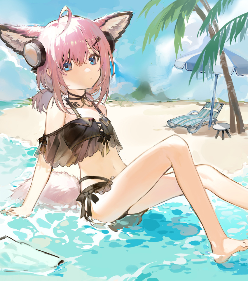 1girl absurdres ahoge animal_ear_fluff animal_ears arknights arm_support auuuie bangs bare_legs bare_shoulders barefoot beach beach_umbrella behind-the-head_headphones bikini black_bikini blue_eyes chair closed_mouth commentary eyebrows_behind_hair feet_out_of_frame fox_ears fox_girl fox_tail hair_between_eyes hair_ornament hairclip headphones highres knees_up long_hair lounge_chair low_twintails palm_tree pink_hair sand shallow_water sitting solo sussurro_(arknights) swimsuit tail tree twintails umbrella water