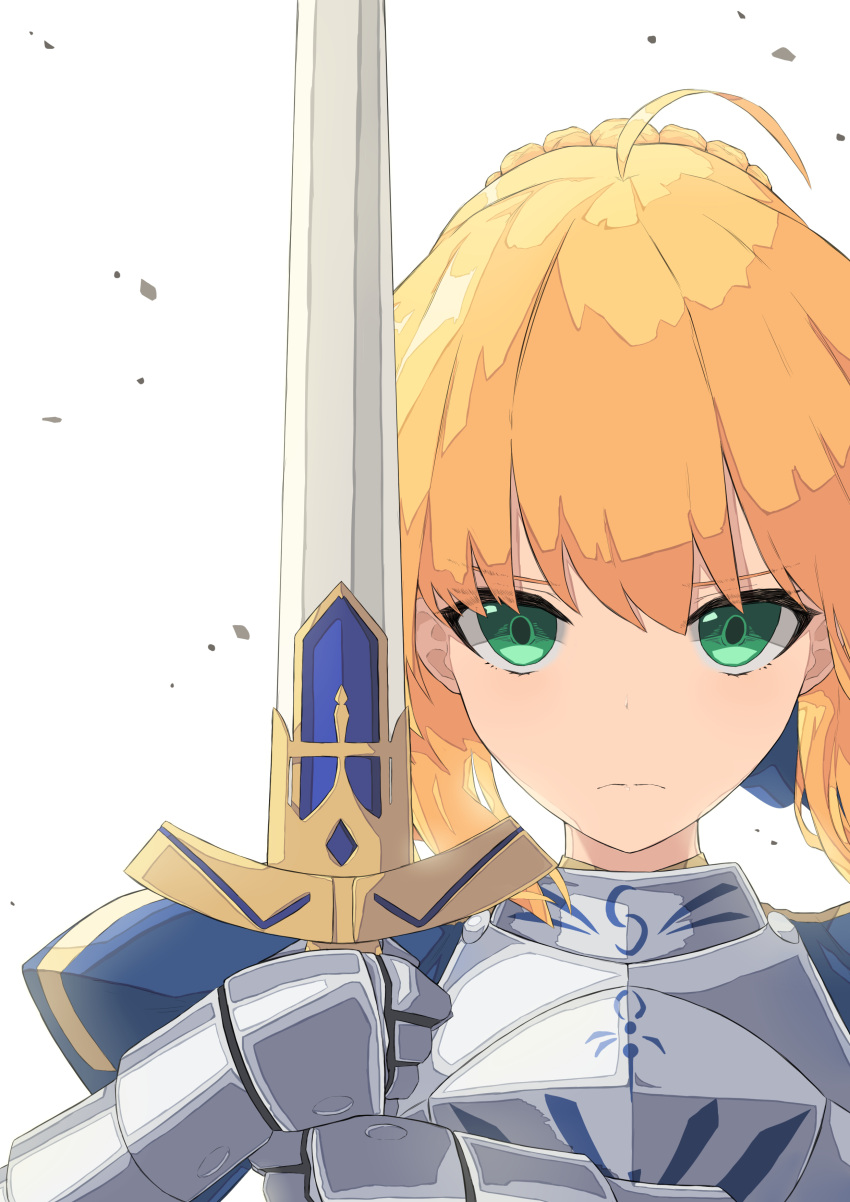1girl ahoge artoria_pendragon_(all) blonde_hair blue_ribbon breasts cleavage_cutout clothing_cutout excalibur_(fate/stay_night) fate/grand_order fate/stay_night fate_(series) g4_(pixiv25239847) green_eyes hair_bun hair_ribbon holding holding_weapon juliet_sleeves long_sleeves medium_breasts puffy_sleeves ribbon saber solo sword weapon