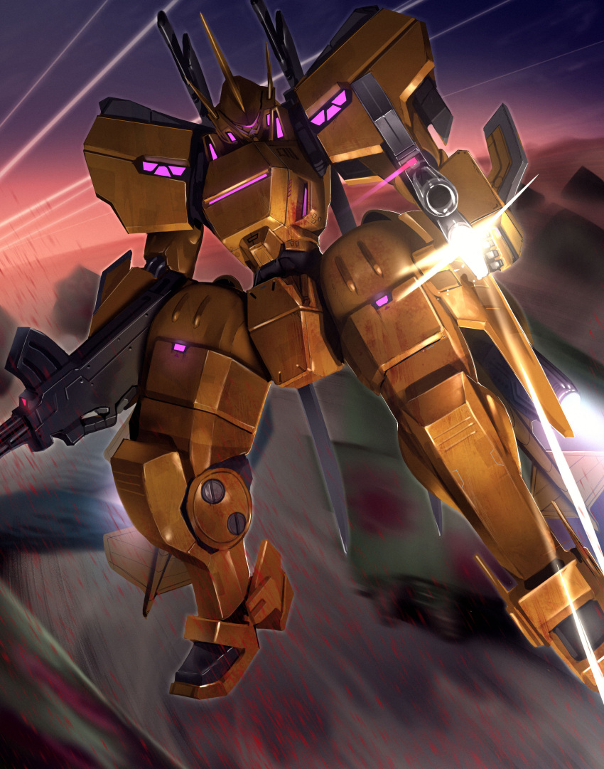 absurdres dual_wielding firing glowing gun highres holding holding_gun holding_weapon mecha motion_blur muvluv muvluv_alternative muvluv_total_eclipse no_humans science_fiction solo suzuki_puramo tactical_surface_fighter type_82_zuikaku visor weapon