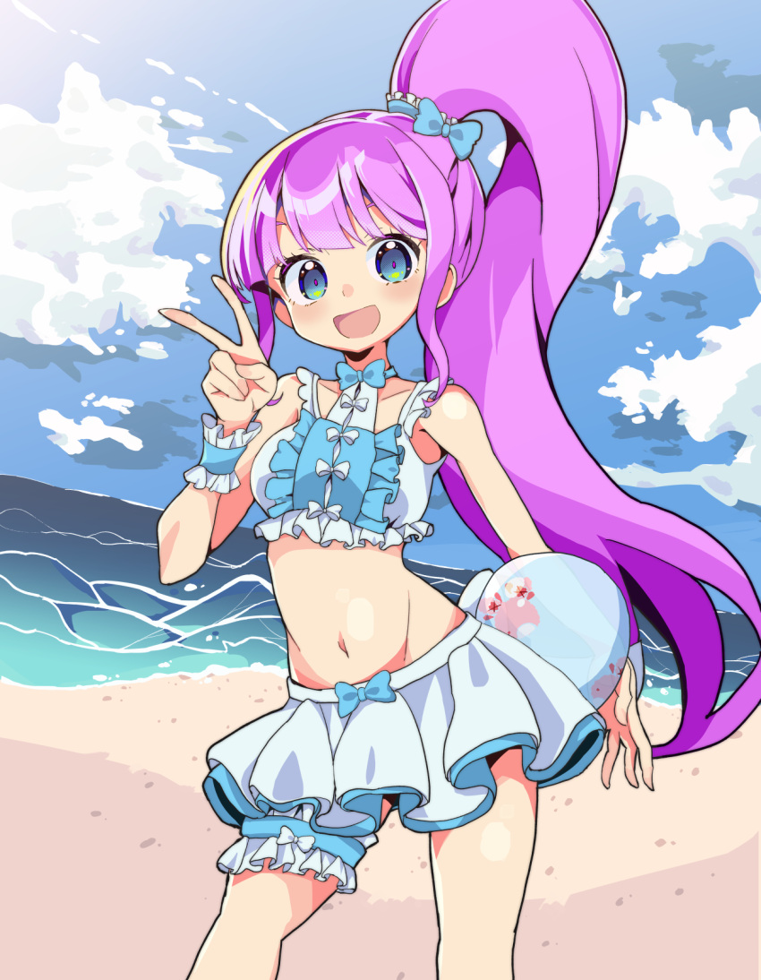 1girl bangs beach bikini blush ceros frilled_bikini frills hair_ornament high_ponytail highres idol_land_pripara long_hair looking_at_viewer manaka_non ocean open_mouth outdoors pretty_(series) pripara purple_hair scrunchie side_ponytail sky smile solo swimsuit v very_long_hair