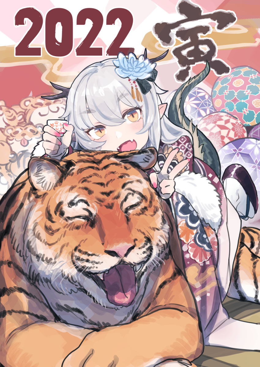 1girl 2022 :d antlers bee_(deadflow) blue_flower chinese_zodiac cup fingernails floral_print flower grey_hair hair_flower hair_ornament highres holding holding_cup japanese_clothes kimono kneeling kuryuu_kohaku looking_at_viewer nail_polish nengajou new_year open_mouth original pink_nails red_kimono smile tabi tail tiger v white_legwear year_of_the_tiger yellow_eyes