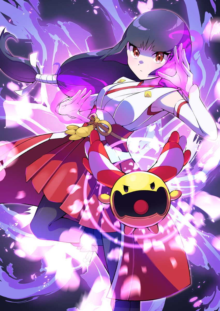 1girl absurdres bangs black_hair blunt_bangs chingling closed_mouth commentary_request detached_sleeves energy highres leg_up long_hair official_alternate_costume pantyhose pleated_skirt pokemon pokemon_(creature) pokemon_(game) pokemon_masters_ex pon_yui red_eyes red_skirt sabrina_(pokemon) sash skirt tied_hair