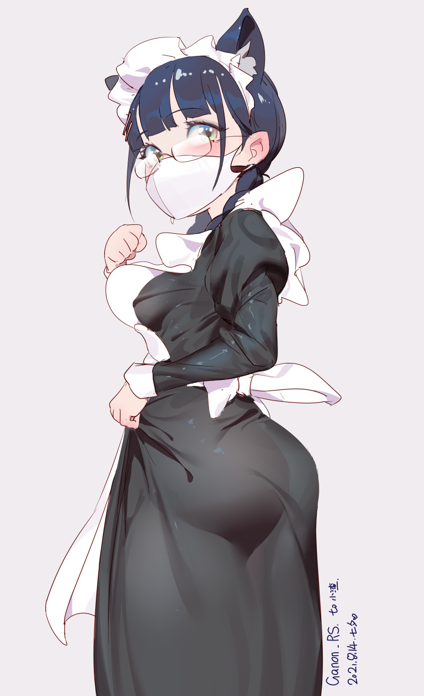 1girl absurdres animal_ear_fluff animal_ears apron ass bangs blue_eyes blue_hair blunt_bangs blush dated eyebrows_visible_through_hair glasses green_eyes grey_background hair_ornament hairclip highres long_hair maid maid_headdress mask millet_(d323323) mouth_mask multicolored_eyes original puffy_sleeves saliva simple_background solo twintails