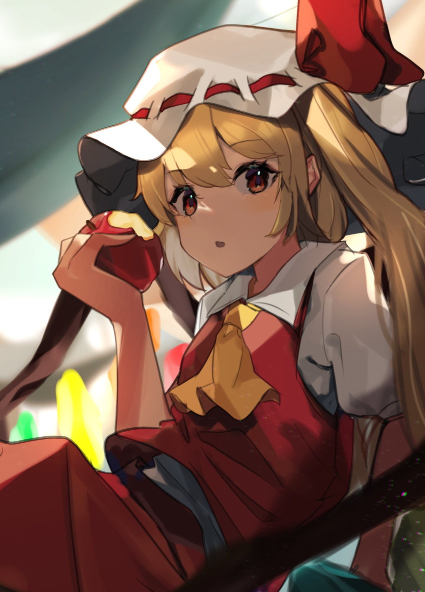 1girl absurdres apple blonde_hair blush collared_shirt crystal eyebrows_visible_through_hair flandre_scarlet food fruit hair_between_eyes hat highres holding holding_food holding_fruit kurowa_(curowa) long_hair mob_cap one_side_up open_mouth puffy_short_sleeves puffy_sleeves red_eyes red_skirt red_vest shirt short_sleeves skirt solo touhou vest white_headwear white_shirt wings