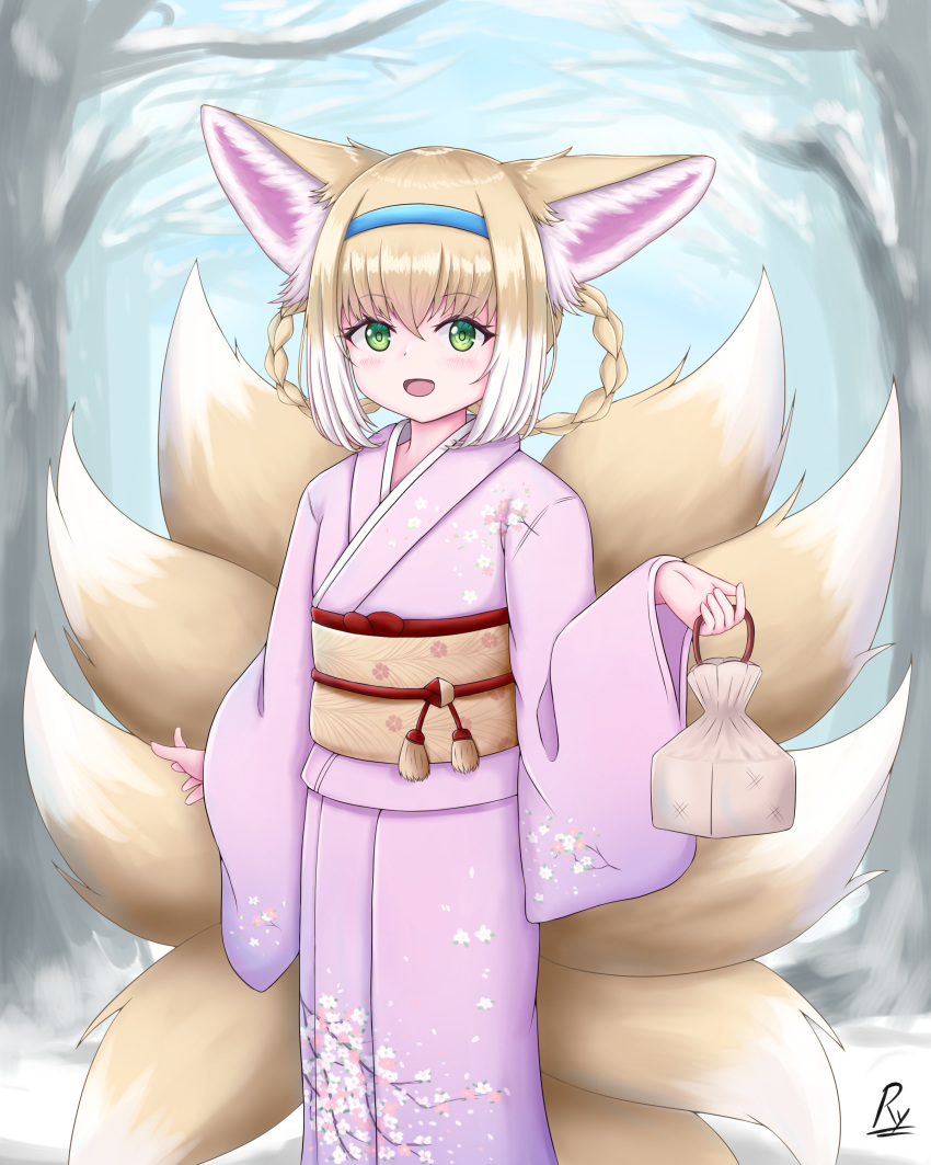 1girl :d absurdres animal_ear_fluff animal_ears arknights bangs blue_hairband braid commentary day english_commentary eyebrows_visible_through_hair floral_print fox_ears fox_girl fox_tail green_eyes hair_between_eyes hair_rings hairband highres holding japanese_clothes kimono kinchaku kyuubi light_brown_hair long_sleeves looking_at_viewer multicolored_hair multiple_tails obi outdoors pink_kimono pouch print_kimono rylaera sash signature smile snow solo suzuran_(arknights) tail tree twin_braids two-tone_hair white_hair wide_sleeves