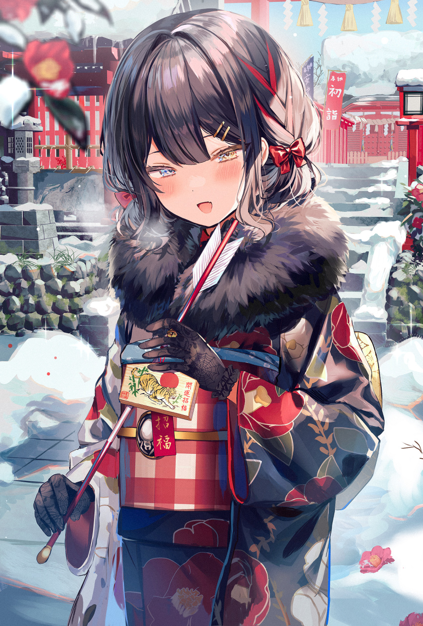 1girl :d architecture arrow_(projectile) bangs black_gloves black_hair black_kimono blue_eyes blush bow commentary_request cowboy_shot east_asian_architecture floral_print flower fur_collar gloves hair_bow hair_ornament hairclip highres holding holding_arrow japanese_clothes kimono looking_at_viewer nengajou new_year obi open_mouth original outdoors print_kimono red_bow red_flower sash short_hair smile snow solo standing translation_request y_o_u_k_a yellow_eyes