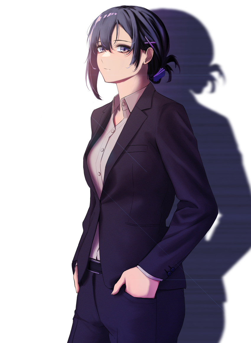 1girl 3_small_spiders absurdres bangs belt black_hair black_jacket black_pants black_suit blue_eyes breasts business_suit closed_mouth eyebrows_visible_through_hair feet_out_of_frame female_commander_(girls'_frontline) formal girls_frontline hair_ornament hairclip hands_in_pockets highres jacket looking_at_viewer pants shadow shirt short_hair solo standing suit white_background white_shirt