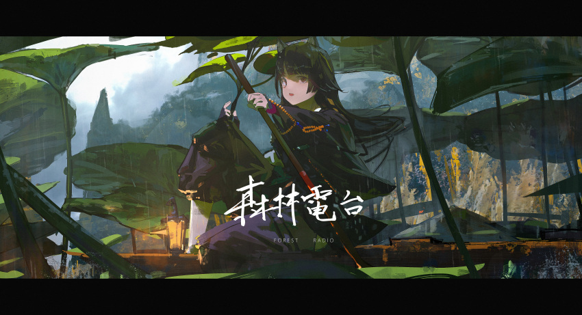 1girl absurdres alcxome animal_ears arknights bangs black_hair black_kimono blunt_bangs boat brown_eyes day dog_ears eyebrows_visible_through_hair full_body highres holding holding_paddle japanese_clothes kimono knee_up lantern letterboxed long_hair long_sleeves looking_at_viewer open_mouth outdoors paddle pants plant purple_pants rain saga_(arknights) sitting solo translated very_long_hair watercraft white_legwear wide_sleeves