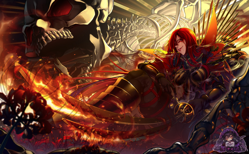 1girl absurdres armor artist_name bodysuit boots breasts elysion_(1624528315) fate/grand_order fate_(series) fire hair_over_one_eye highres katana knee_boots long_hair medium_breasts oda_nobunaga_(fate) oda_nobunaga_(maou_avenger)_(fate) red_eyes redhead skeleton skull smile smoke solo sword thighs watermark weapon