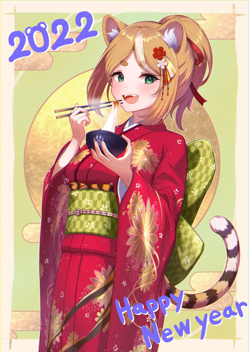 1girl 2022 :d absurdres animal_ear_fluff animal_ears blush bowl breasts brown_hair chinese_zodiac chopsticks commentary_request egasumi eyebrows_visible_through_hair fangs floral_print flower food hair_flower hair_ornament hair_ribbon happy_new_year highres holding holding_bowl holding_chopsticks japanese_clothes kimono long_sleeves medium_breasts mochi multicolored_hair new_year obi original ponytail print_kimono red_flower red_kimono red_ribbon ribbon sash short_eyebrows smile solo streaked_hair tail thick_eyebrows tiger_ears tiger_girl tiger_tail white_hair wide_sleeves yagasuri yatumeshinoa year_of_the_tiger