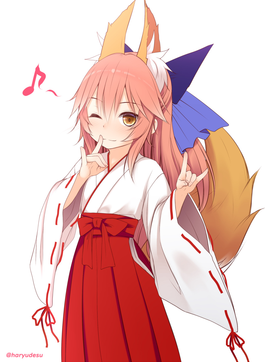 1girl absurdres animal_ear_fluff animal_ears bangs blue_ribbon brown_eyes commentary_request double_fox_shadow_puppet extra_ears fate/extra fate_(series) finger_to_mouth fox_ears fox_girl fox_shadow_puppet fox_tail hair_between_eyes hair_ribbon hakama haryuu_(poetto) highres japanese_clothes light_smile long_hair looking_at_viewer miko musical_note one_eye_closed pink_hair ribbon ribbon-trimmed_sleeves ribbon_trim short_ponytail simple_background solo tail tamamo_(fate) tamamo_no_mae_(fate/extra) twitter_username white_background wide_sleeves younger