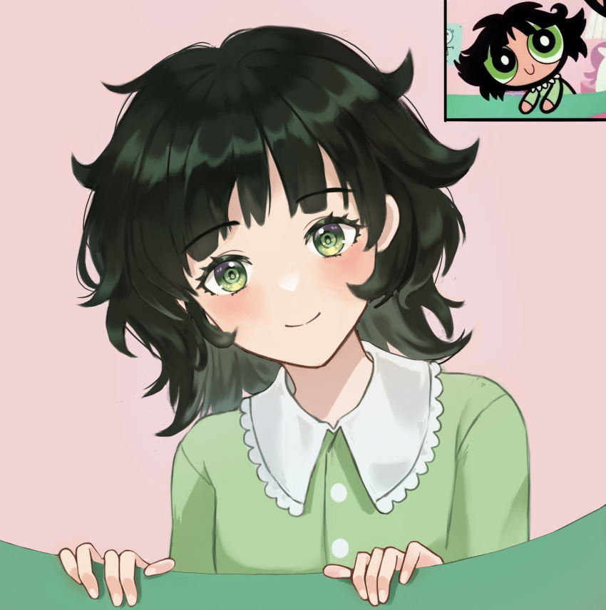 1girl bangs black_hair blush buttercup_(ppg) buttercup_redraw_challenge derivative_work eyebrows_visible_through_hair green_eyes green_pajamas highres looking_at_viewer medium_hair messy_hair pink_background powerpuff_girls prock reference_inset screencap_redraw shadow simple_background solo