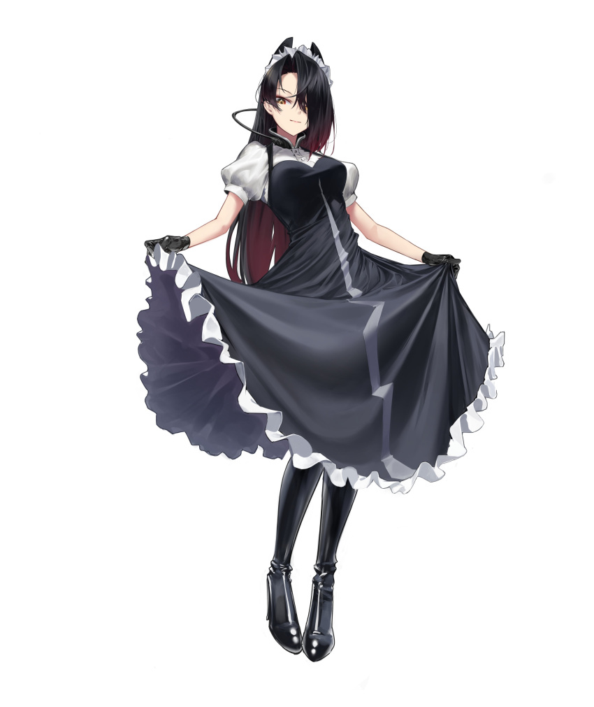 1girl absurdres black_gloves black_hair boots character_request girls_frontline gloves hair_over_one_eye highres knee_boots long_hair looking_at_viewer maid_headdress marrrrrr smile solo white_background