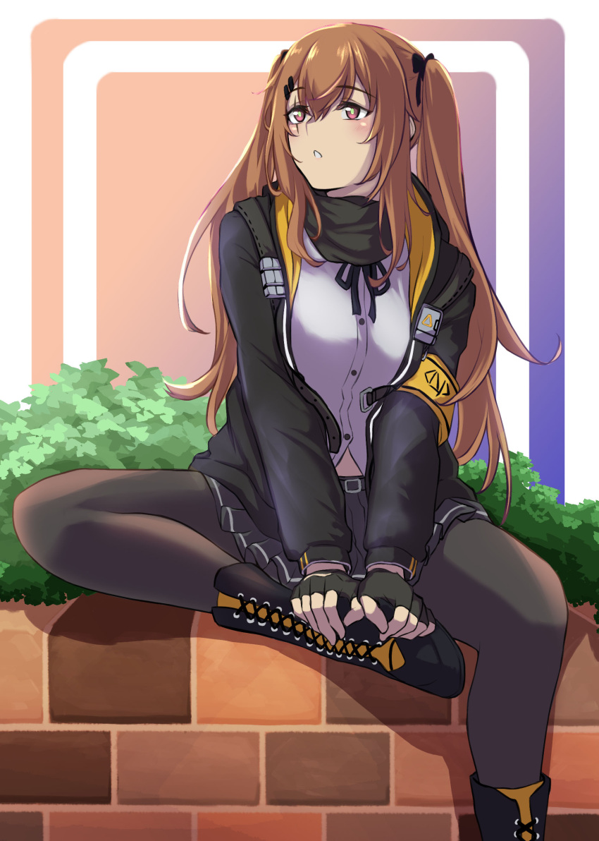 1girl 3_small_spiders :o ? absurdres bangs black_gloves black_jacket black_legwear black_scarf blush boots brown_eyes brown_hair eyebrows_visible_through_hair fingerless_gloves girls_frontline gloves hair_between_eyes hair_ribbon highres jacket long_hair long_sleeves notice_lines open_clothes open_jacket open_mouth pantyhose ribbon scarf shirt sitting solo spoken_question_mark twintails ump9_(girls'_frontline) white_shirt